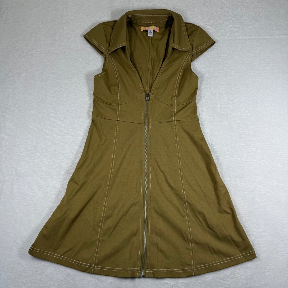 Urban Outfitters Olive Green Zip Front Mini Dress Cap Sleeve Contrast Stitch S
